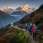 Stunning sunrise over the Himalayas with trekkers on a scenic trail in Nepal