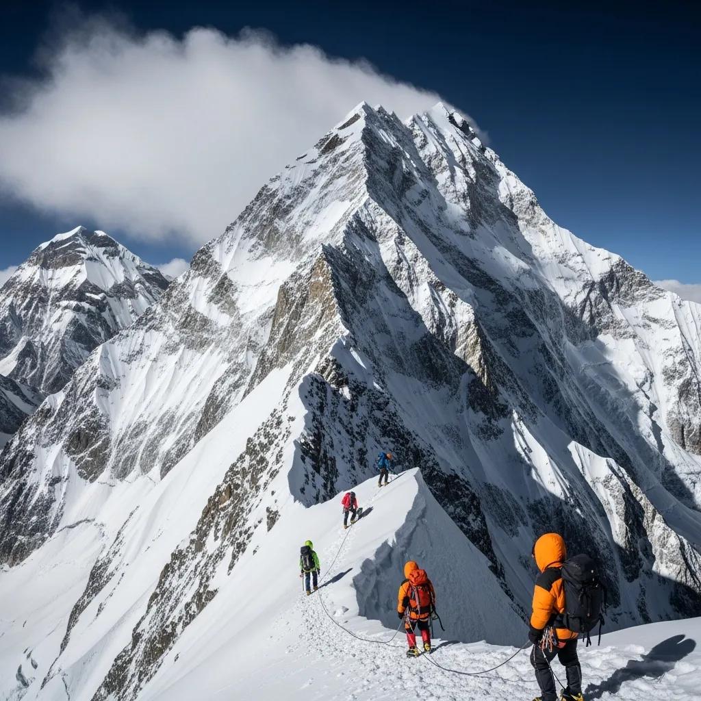 Stunning view of Cho Oyu mountain with climbers on the Northwest Ridge, highlighting the adventure of high-altitude climbing
