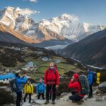 Stunning view of Everest Base Camp trek with trekkers and majestic mountains