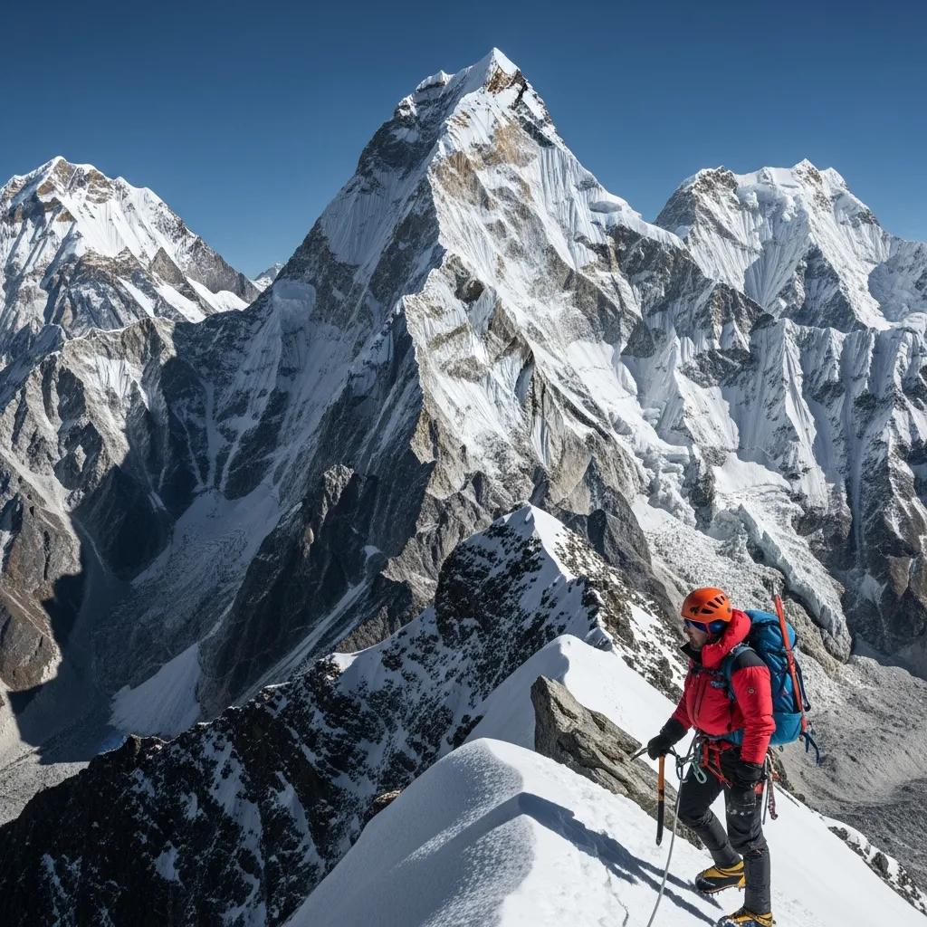 Climber in red jacket and helmet standing on snowy ridge with stunning view of Island Peak and surrounding Himalayan mountains, representing high-altitude adventure and climbing challenges in Nepal.