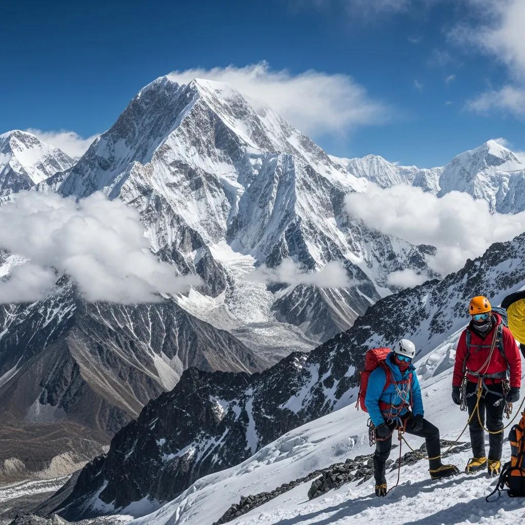 Stunning view of Makalu mountain with climbers preparing for an expedition
