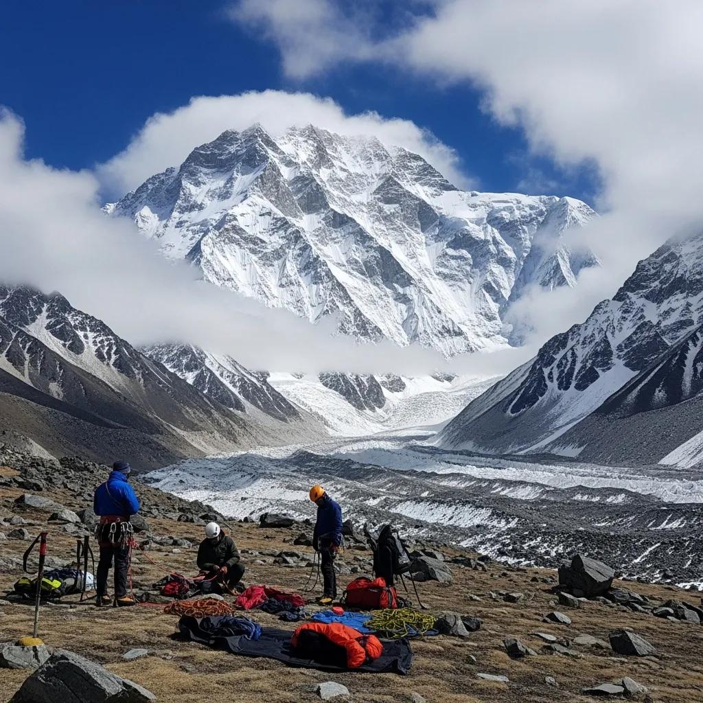 Climbers preparing for ascent with Makalu mountain in the background, showcasing the adventure and challenges of high-altitude climbing.
