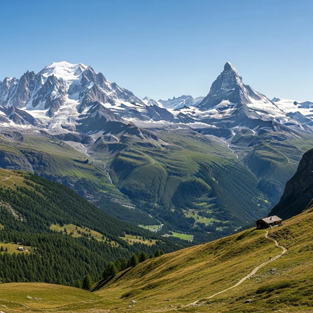 Stunning view of Mont Blanc and the Matterhorn in the Alps, showcasing iconic alpine peaks and lush valleys, highlighting climbing destinations and scenic landscapes.