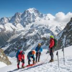 Stunning view of Mont Blanc with climbers preparing for ascent, highlighting the adventure of climbing Europe's highest peak