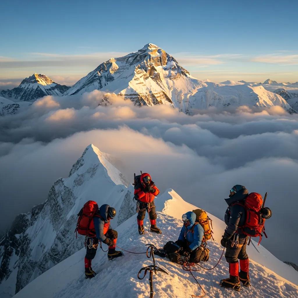 Climbers preparing for ascent on snowy peak with Mount Everest in the background, highlighting the adventure and challenges of climbing Everest.