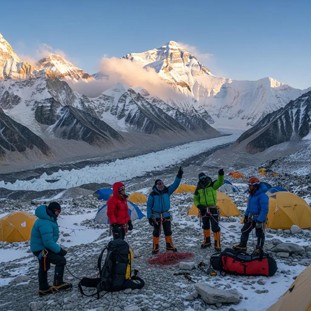 Climbers preparing for ascent at Mount Everest base camp, showcasing the challenge of high-altitude training with tents and snow-capped peaks in the background.