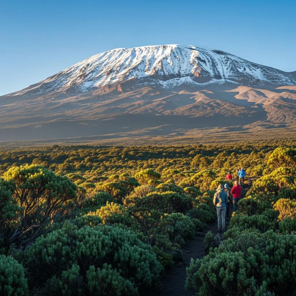Climbers preparing for ascent on the trail to Mount Kilimanjaro, surrounded by lush greenery and the snow-capped summit in the background, showcasing a stunning sunrise view.