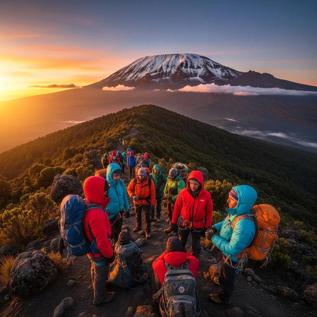 Climbers in colorful gear preparing for their Mount Kilimanjaro ascent at sunrise, with the mountain's snow-capped peak in the background.