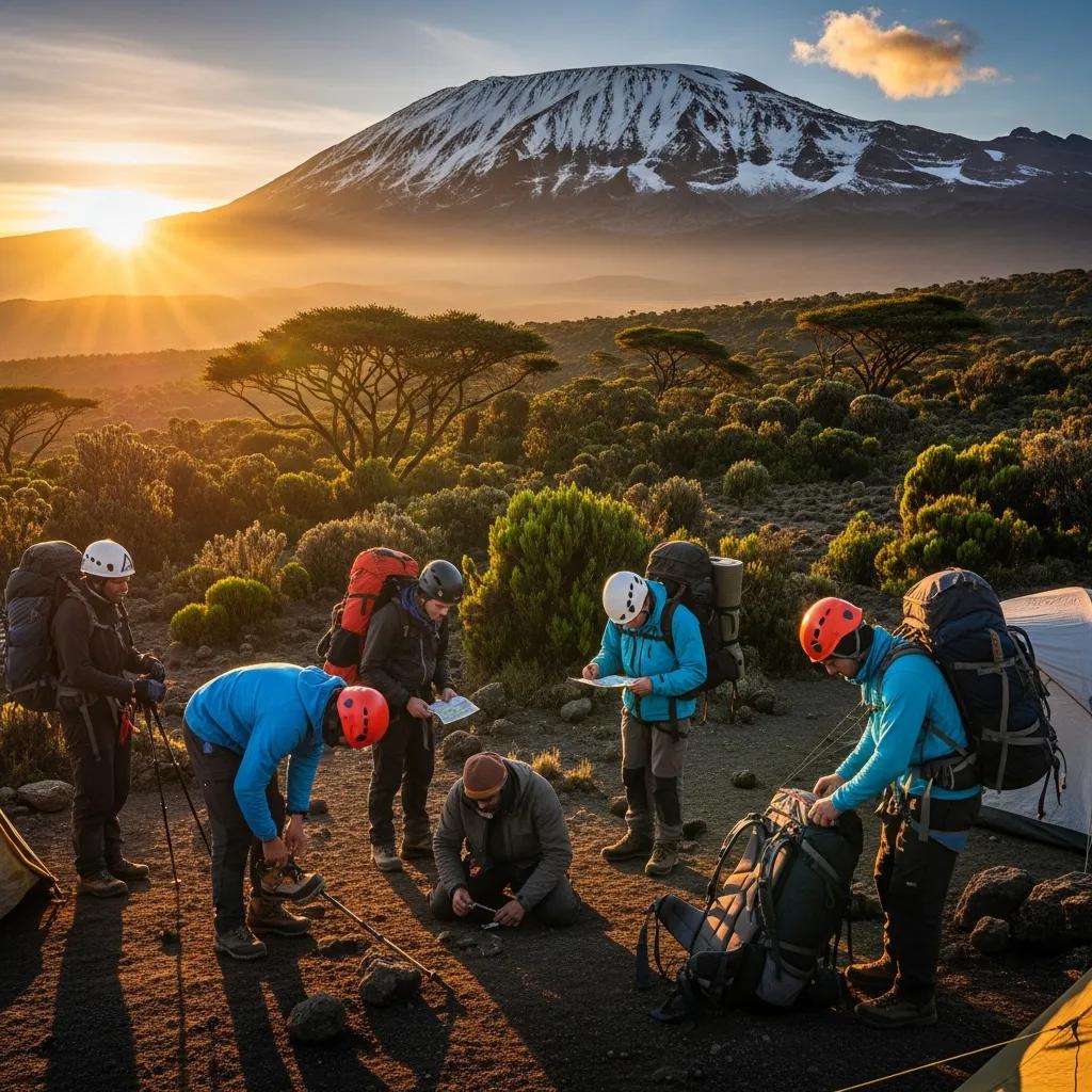 Stunning view of Mount Kilimanjaro at sunrise with climbers preparing for their adventure