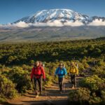 Stunning view of Mount Kilimanjaro with climbers, representing adventure and exploration