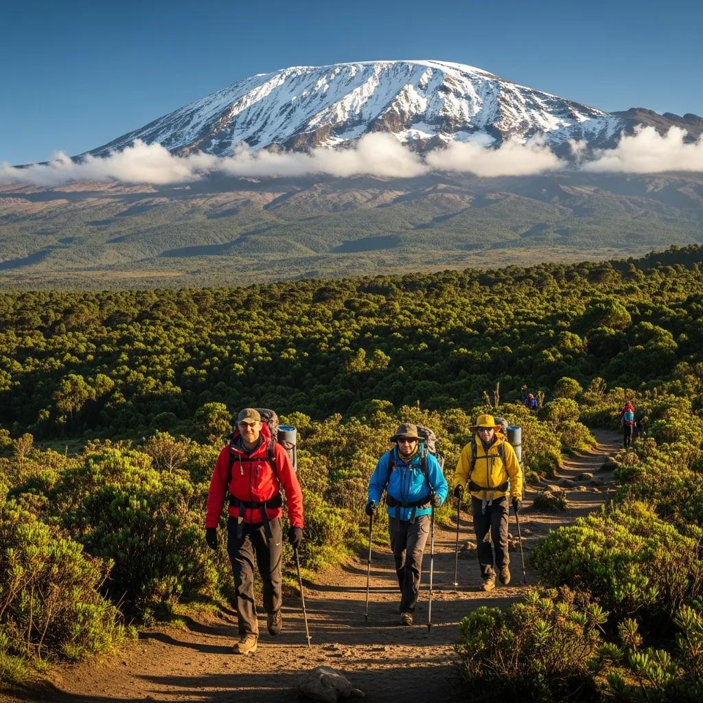 Climbers trekking towards Mount Kilimanjaro, showcasing adventure and exploration amidst lush greenery and snow-capped peak.