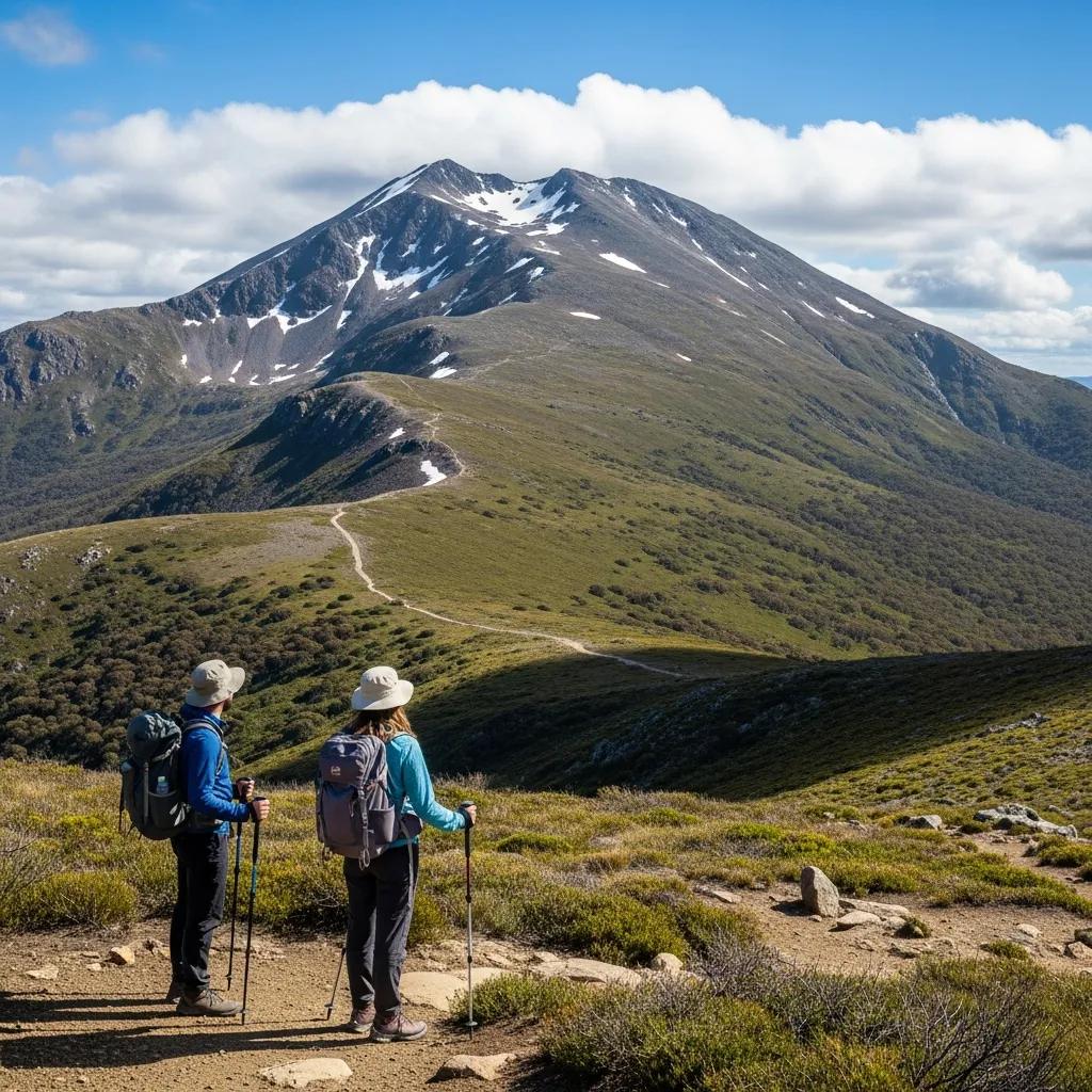 Stunning view of Mount Kosciuszko with hikers in the foreground, representing the adventure of climbing in the Australian Alps