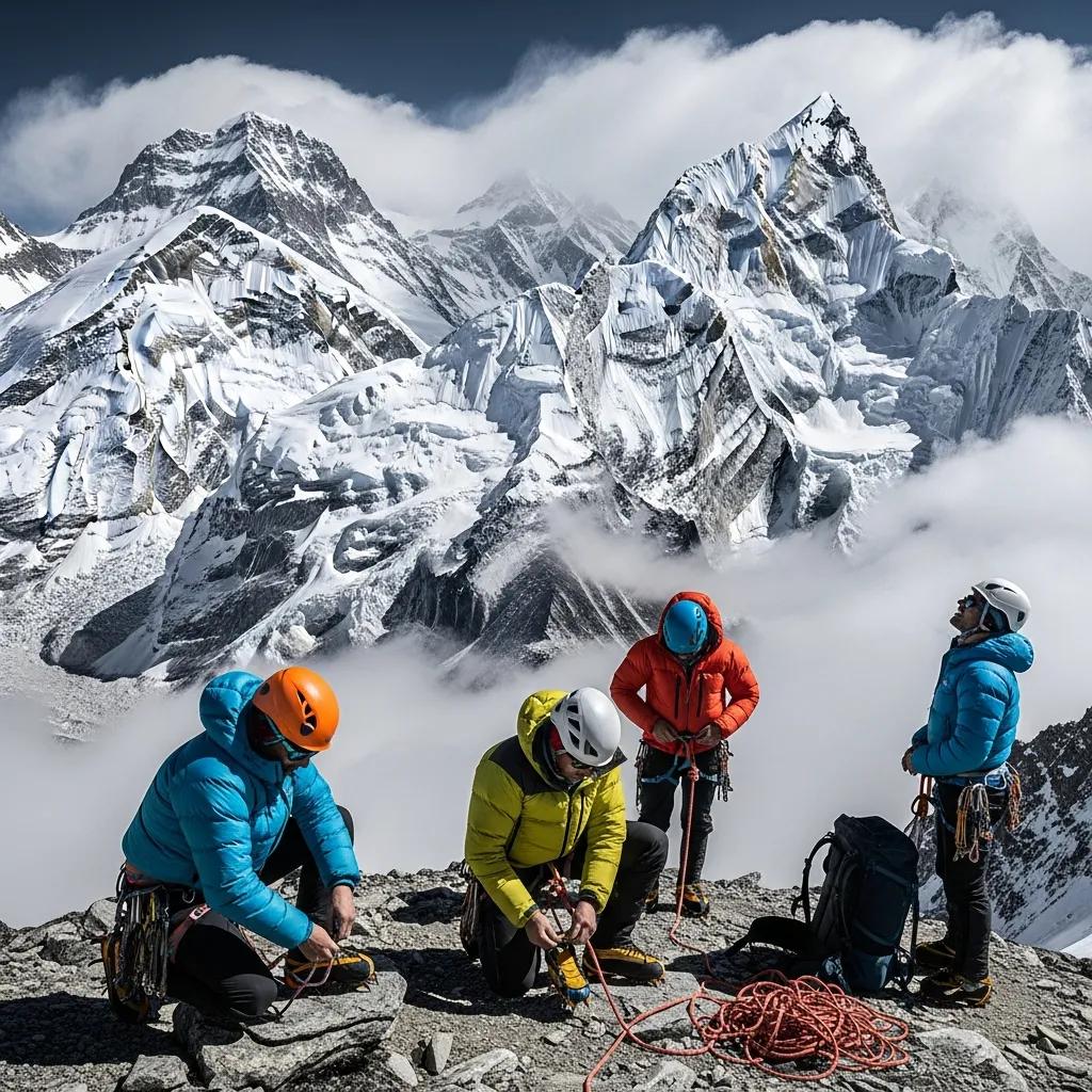 Stunning view of Nuptse mountain range with climbers preparing for ascent