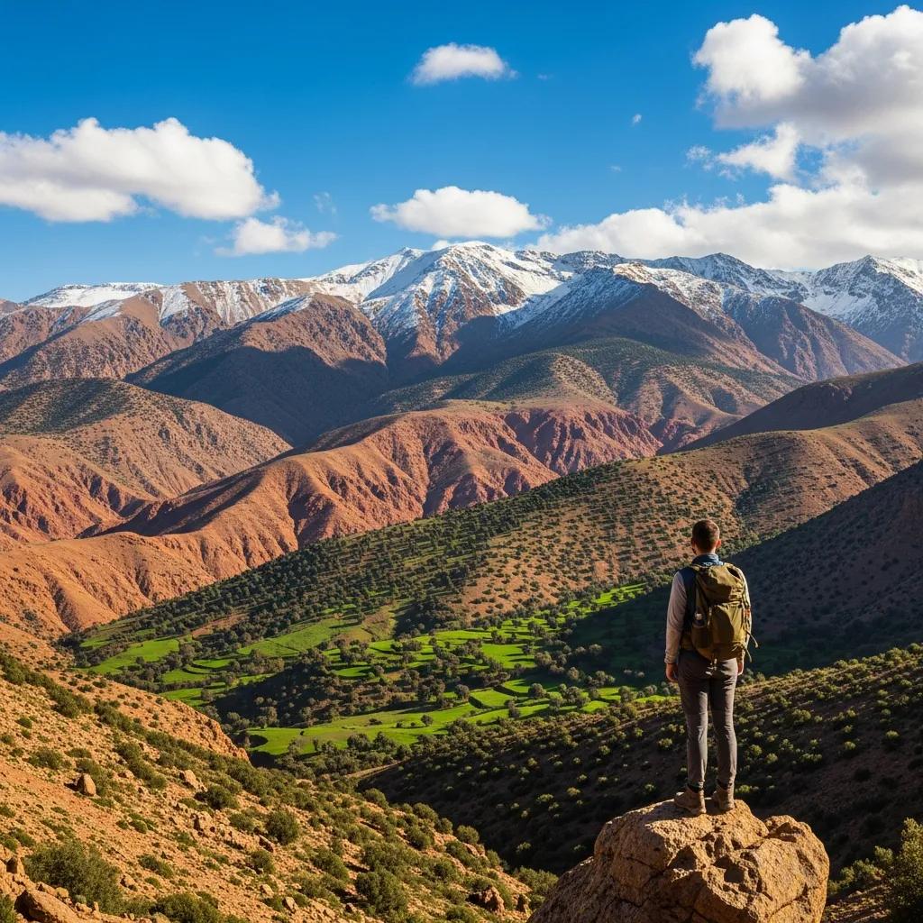 Hiker overlooking the stunning Atlas Mountains, showcasing adventure and trekking opportunities in a vibrant natural landscape with lush greenery and snow-capped peaks.