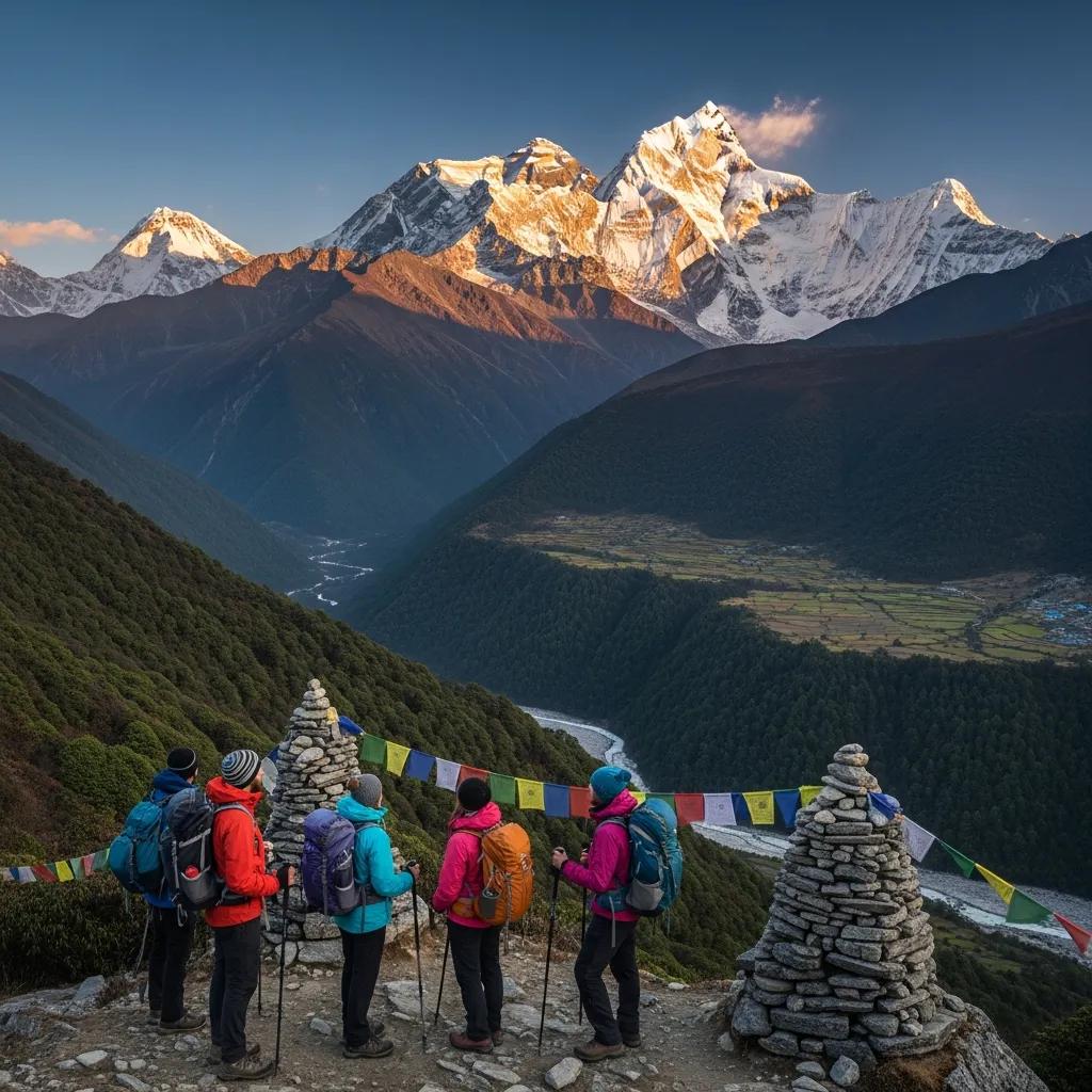 Trekkers in colorful jackets observing the stunning Nepalese Himalayas, featuring stone stupas and prayer flags, highlighting the adventure of high-altitude mountaineering.
