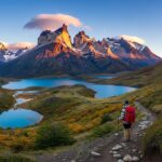 Stunning view of Torres del Paine National Park with granite peaks and a hiker in the foreground