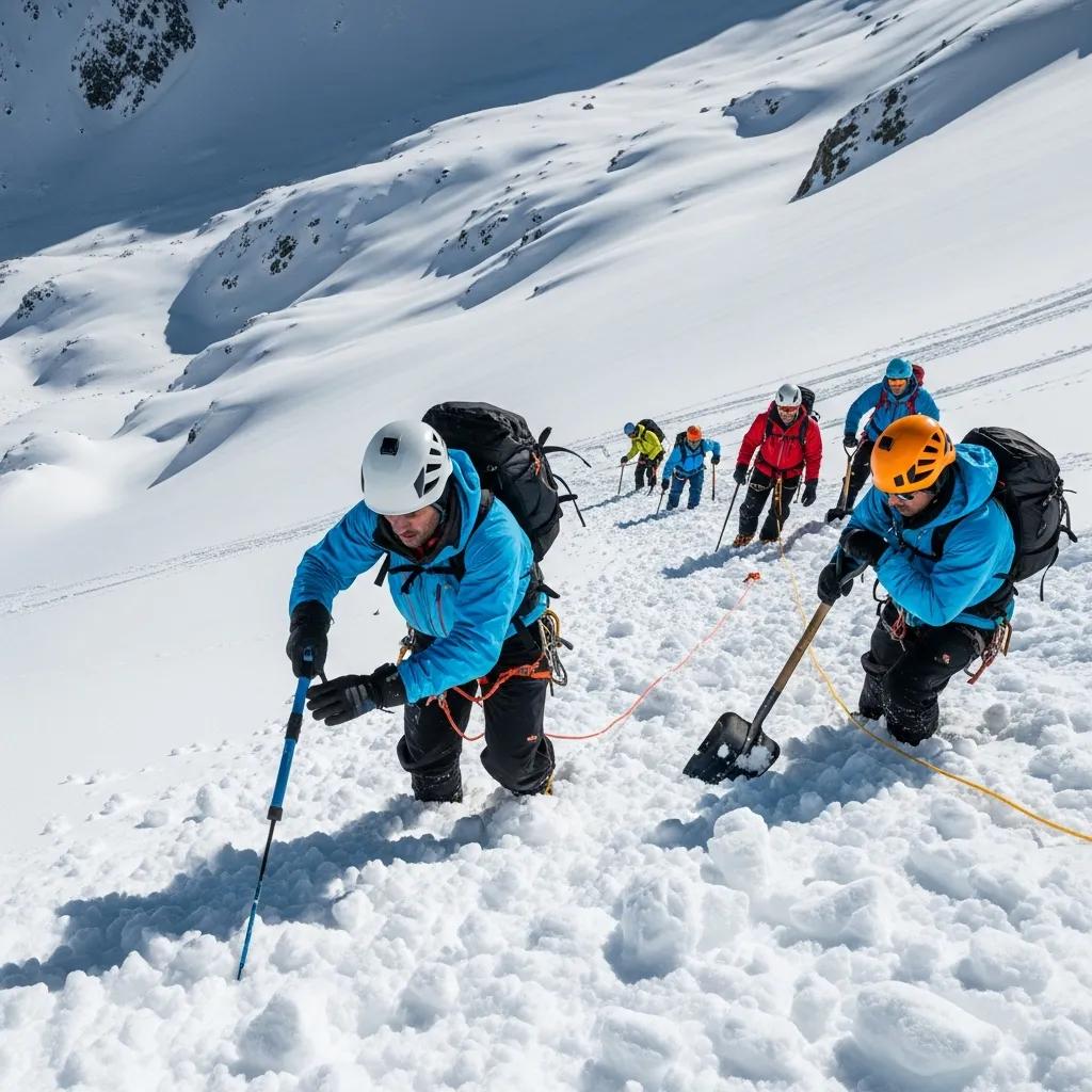 Team of mountaineers performing avalanche rescue techniques in snowy conditions