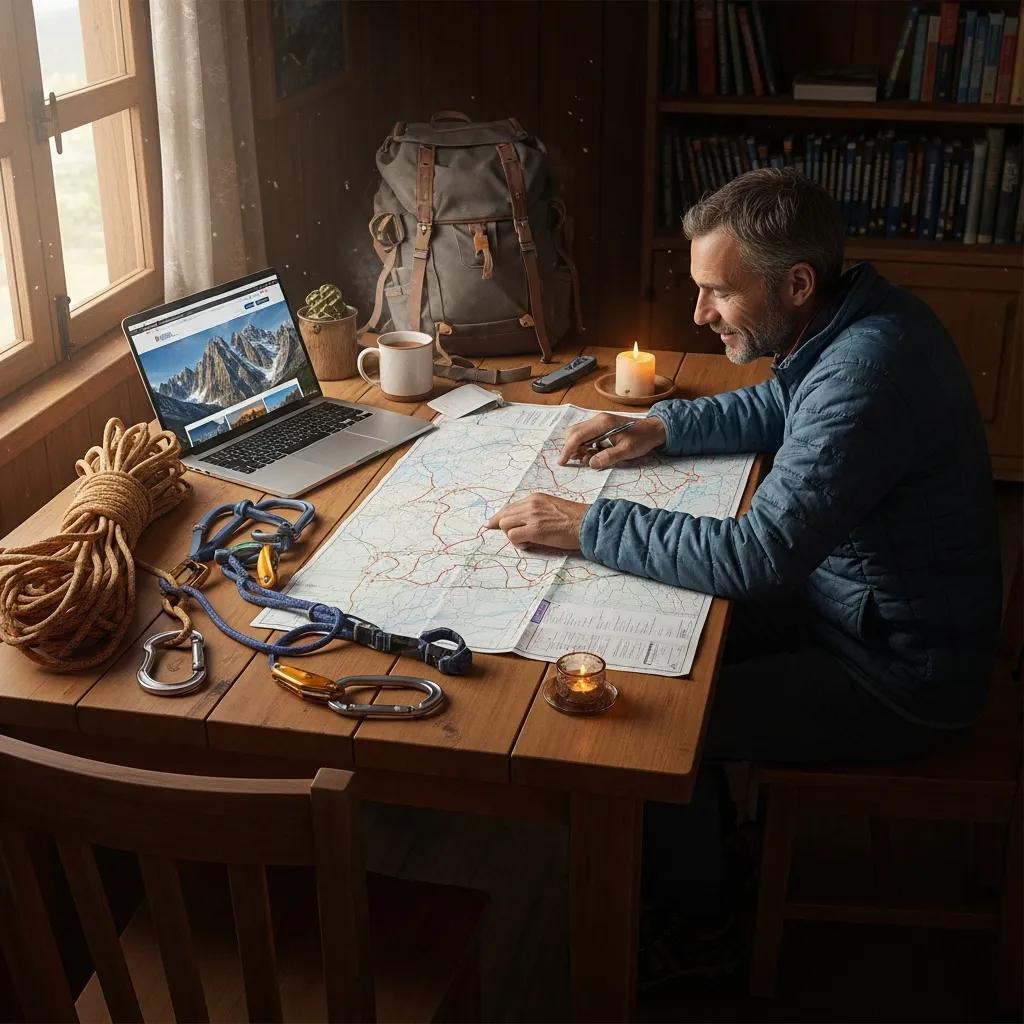Traveler planning a pilgrimage with a map and climbing gear, emphasizing trip logistics for sacred mountains