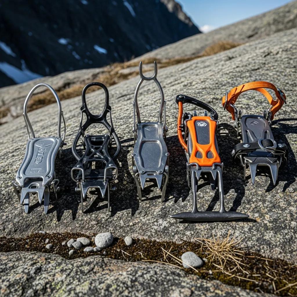 Various types of mountaineering crampons displayed on rocky terrain, highlighting their unique designs