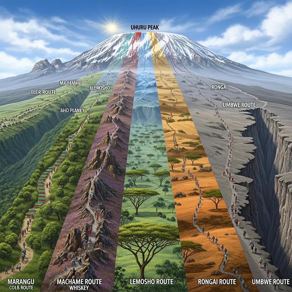 Visual comparison of Kilimanjaro's main climbing routes, highlighting their unique landscapes and features