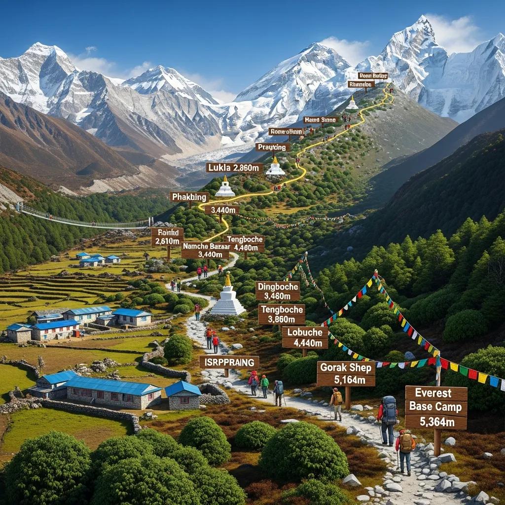 Visual representation of Everest Base Camp trekking stages with scenic landscapes