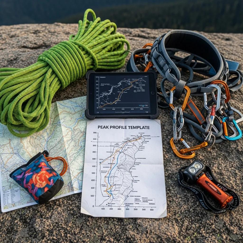 Well-organized peak profile template with climbing gear in an outdoor setting