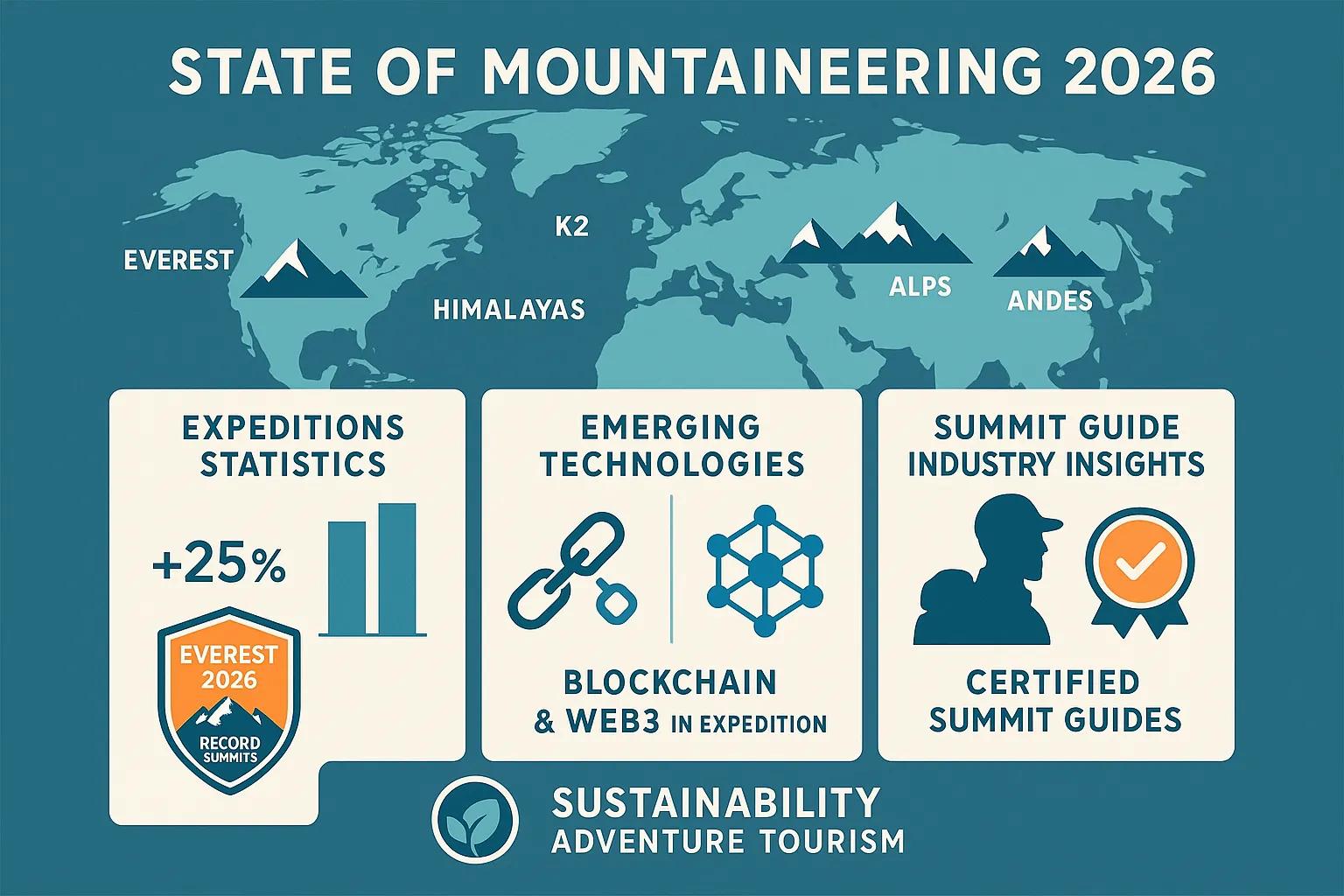 State of Mountaineering 2026 infographic featuring global mountain ranges, expedition statistics with a +25% increase, emerging technologies like blockchain in expeditions, and insights on certified summit guides, emphasizing sustainability in adventure tourism.