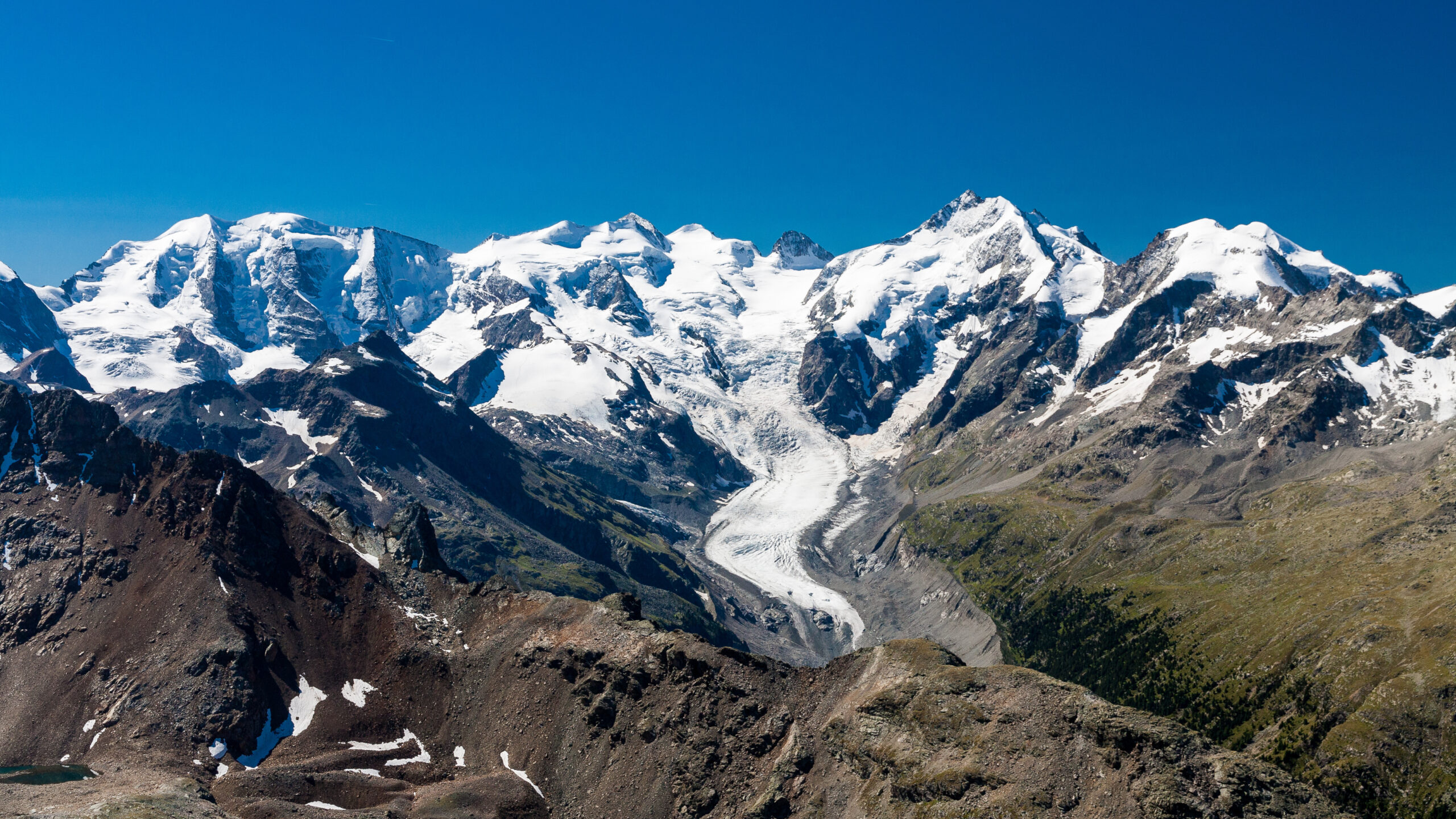 Piz Bernina at 4049 meters showing the famous Biancograt white ridge sky ladder snow ridge ascending to the highest peak in canton Graubünden Switzerland during 2026 Eastern Alps climbing season Bernina Range