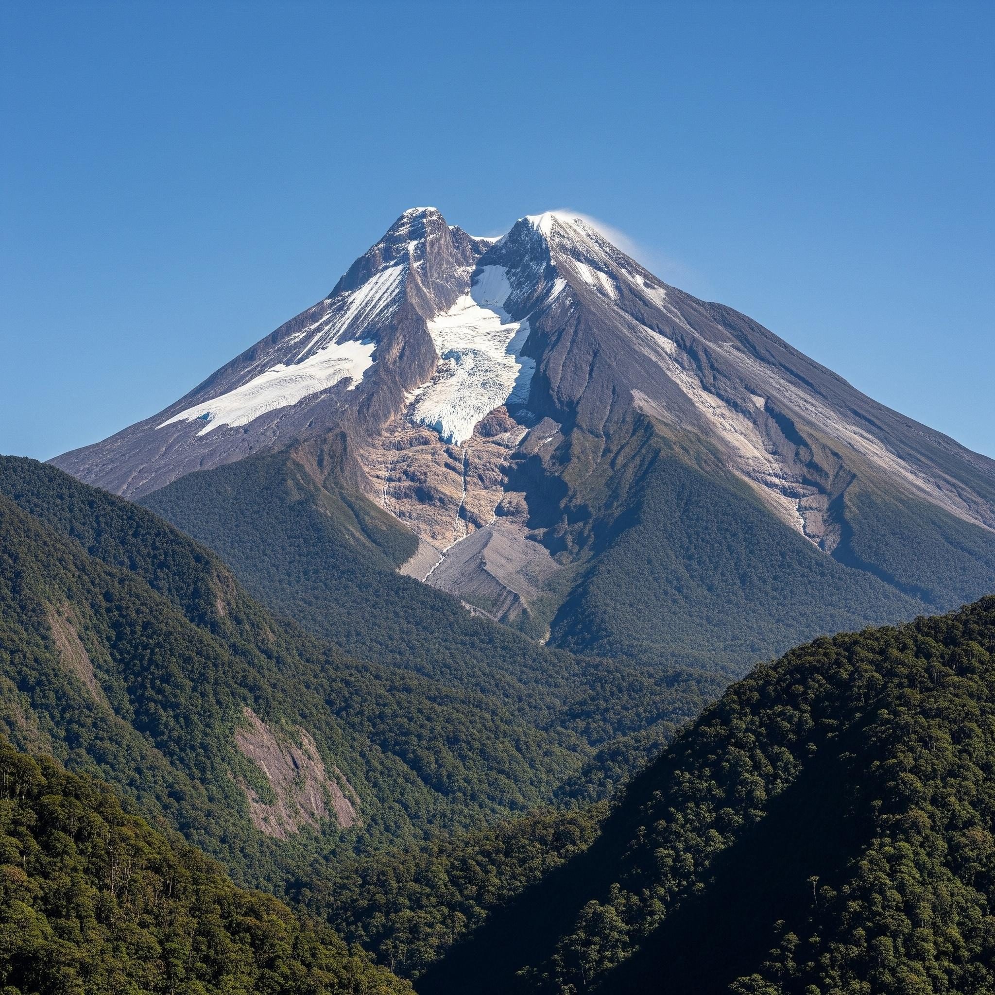 Carstensz Pyramid also known as Puncak Jaya at 4884 meters showing the dramatic limestone pyramid rising from lush green mountains and equatorial jungle of Central Papua Indonesia &mdash; Oceania's Seven Summit under the Messner classification