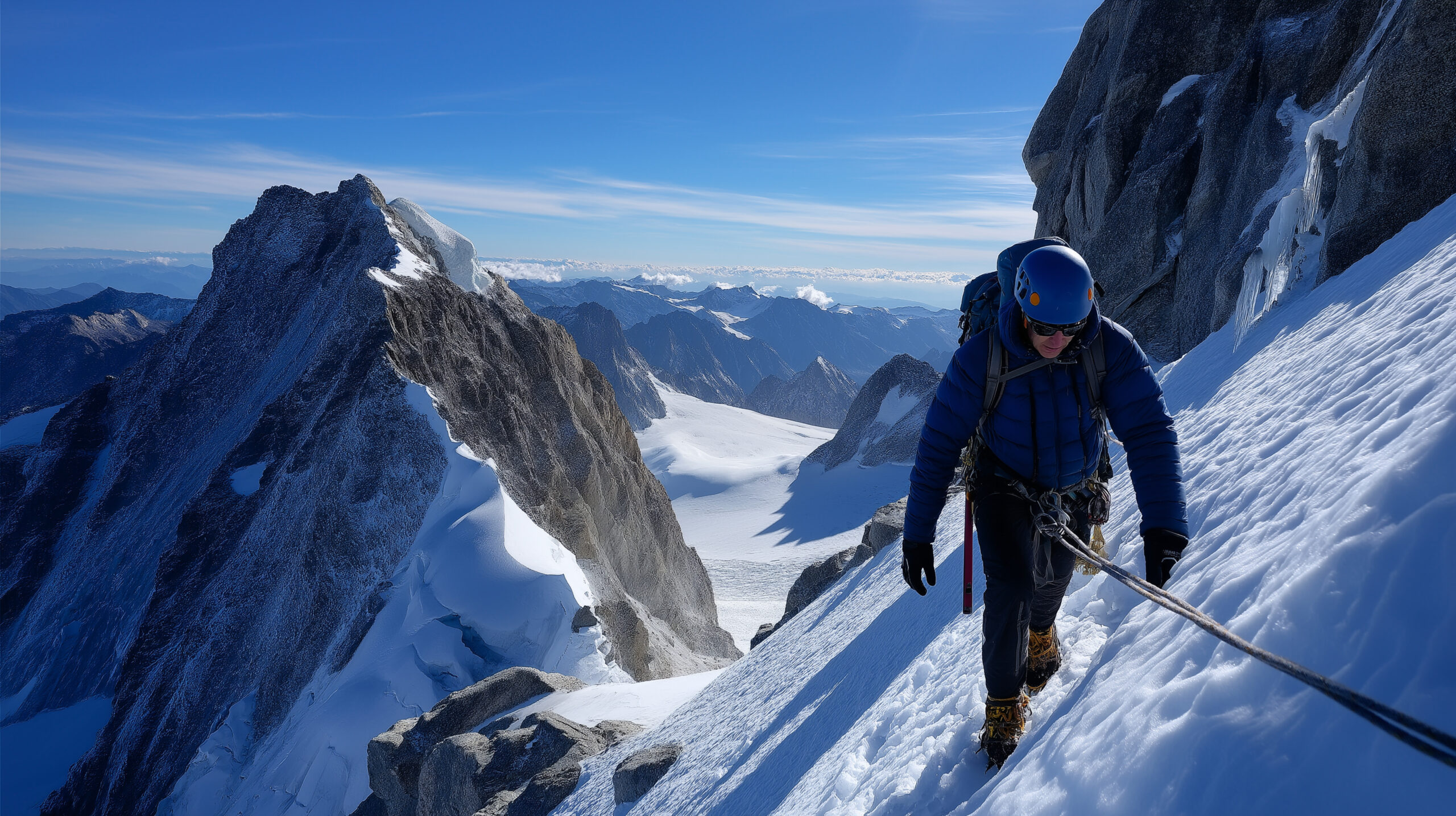 High-altitude mountaineer using crampons and a fixed rope on steep snow