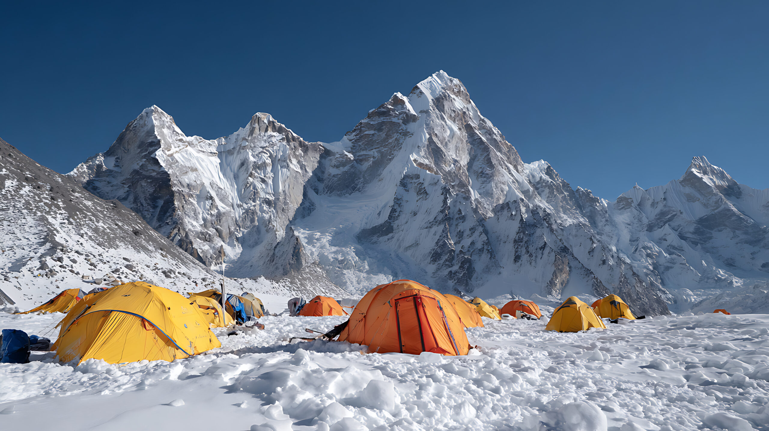 Best base camp tents for expeditions deployed at high altitude expedition base camp showing 4 season geodesic and tunnel design expedition tents pitched at altitude on glacier base camp with snow walls built around tents for wind protection representing the Hilleberg Nammatj GT tunnel tent Mountain Hardwear Trango geodesic The North Face VE 25 Hilleberg Keron GT large group tent and MSR Remote with full coverage rainflies snow flaps around perimeter Kerlon 1800 and 30 to 70 denier ripstop nylon fabrics 4 to 5 pole architecture suitable for hurricane force winds 60 to 100 mph sustained heavy snow loading and sub zero temperatures across 2 to 6 weeks of expedition base camp deployment on Denali Everest K2 Aconcagua and major 8000 meter peaks at 4000 to 6000 meter base camp elevations