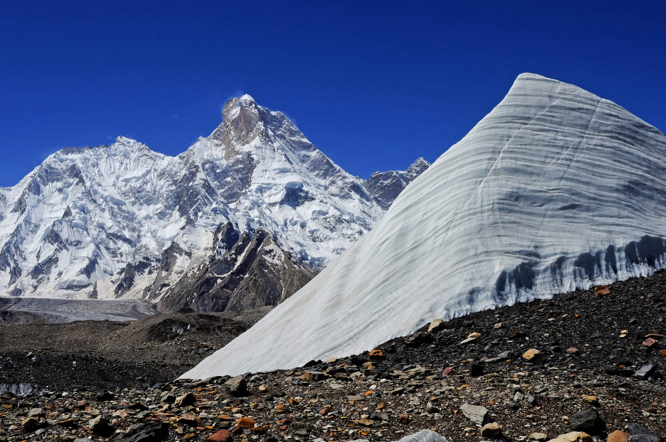 Gasherbrum I (Hidden Peak) showing the dramatic Karakoram architecture of the 11th highest mountain on earth on the Pakistan-China border in the Baltoro Muztagh subrange