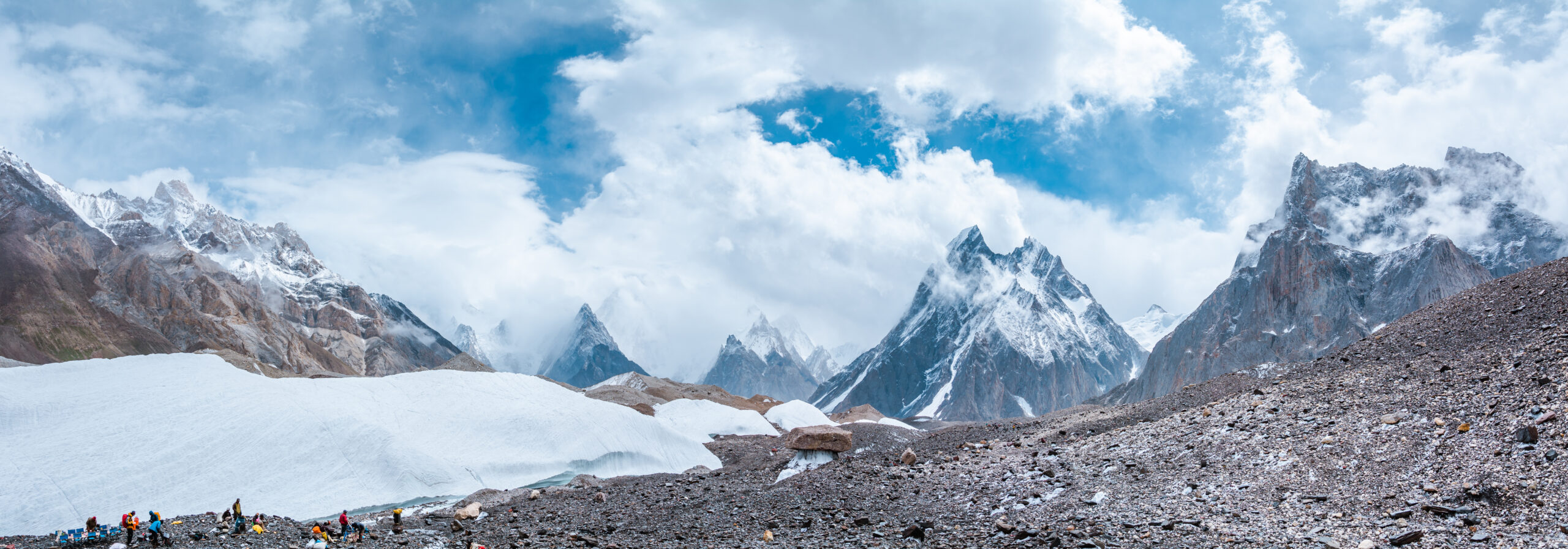 Panoramic view of the Baltoro Glacier with Mitre Peak and the Gasherbrum massif in Pakistan showing the 90-100km approach corridor used for Gasherbrum II Gasherbrum I K2 and Broad Peak