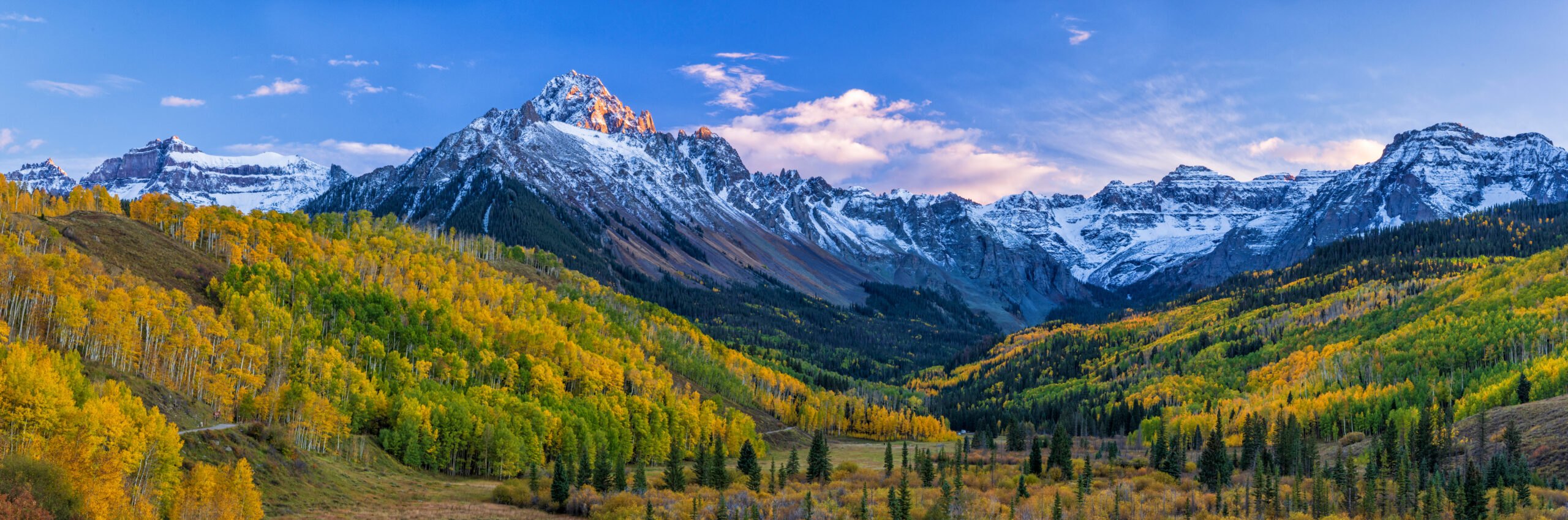 Mount Sneffels at 14158 feet rising dramatically above the Yankee Boy Basin wildflower meadows in the San Juan Mountains of southwest Colorado — Sneffels is the highest peak in the Sneffels sub-range of the San Juan Mountains and the most photographed San Juan 14er with its distinctive pyramid profile that has appeared on Colorado tourism brochures calendars and magazine covers for decades the standard route is the Class 3 Lavender Couloir from Yankee Boy Basin near Ouray Colorado