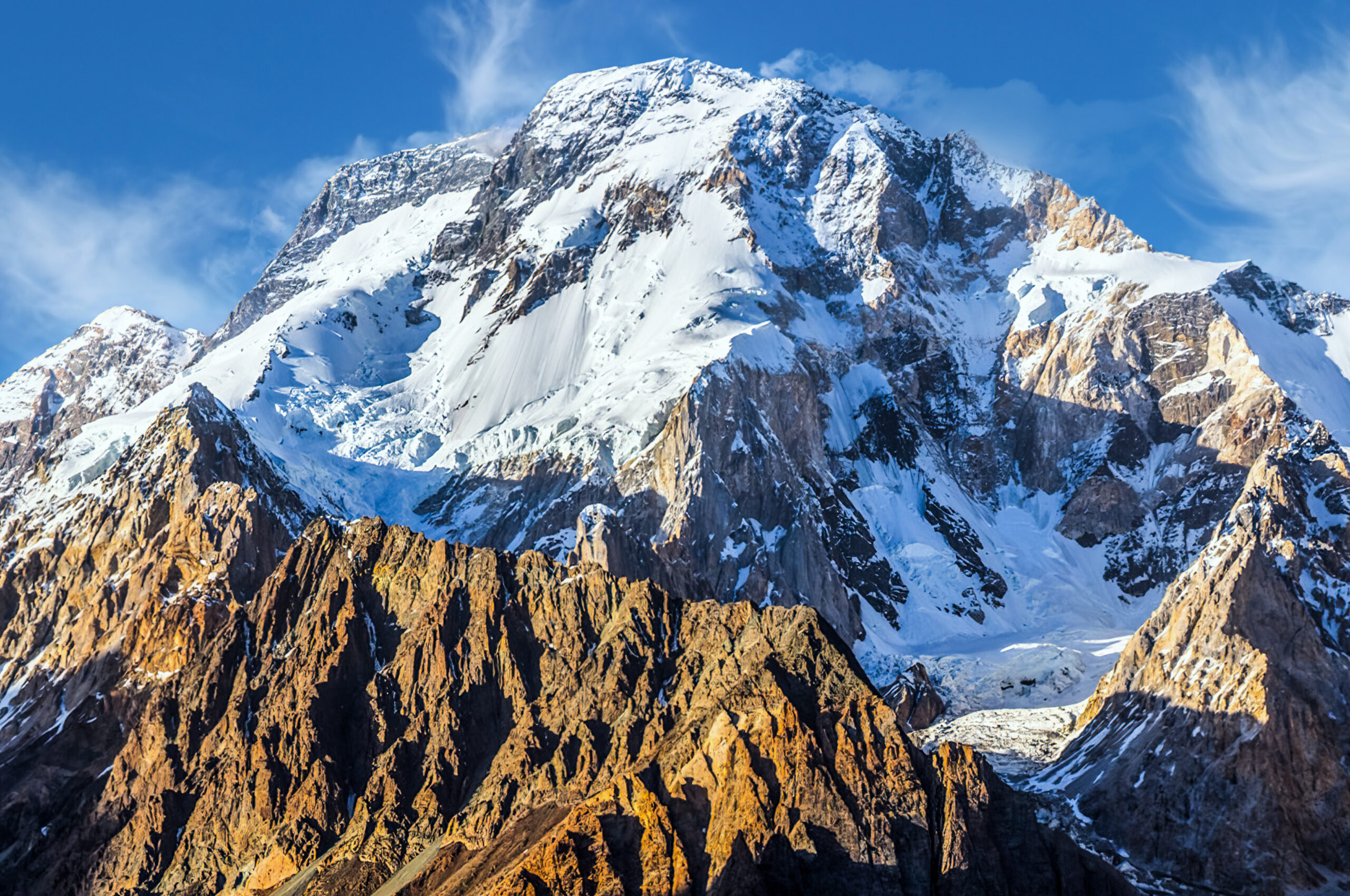 Broad Peak at 8051 meters showing the world's 12th-highest peak in the Karakoram Range Pakistan with the wide summit ridge and three summits Main Central North during 2026 climbing season near K2