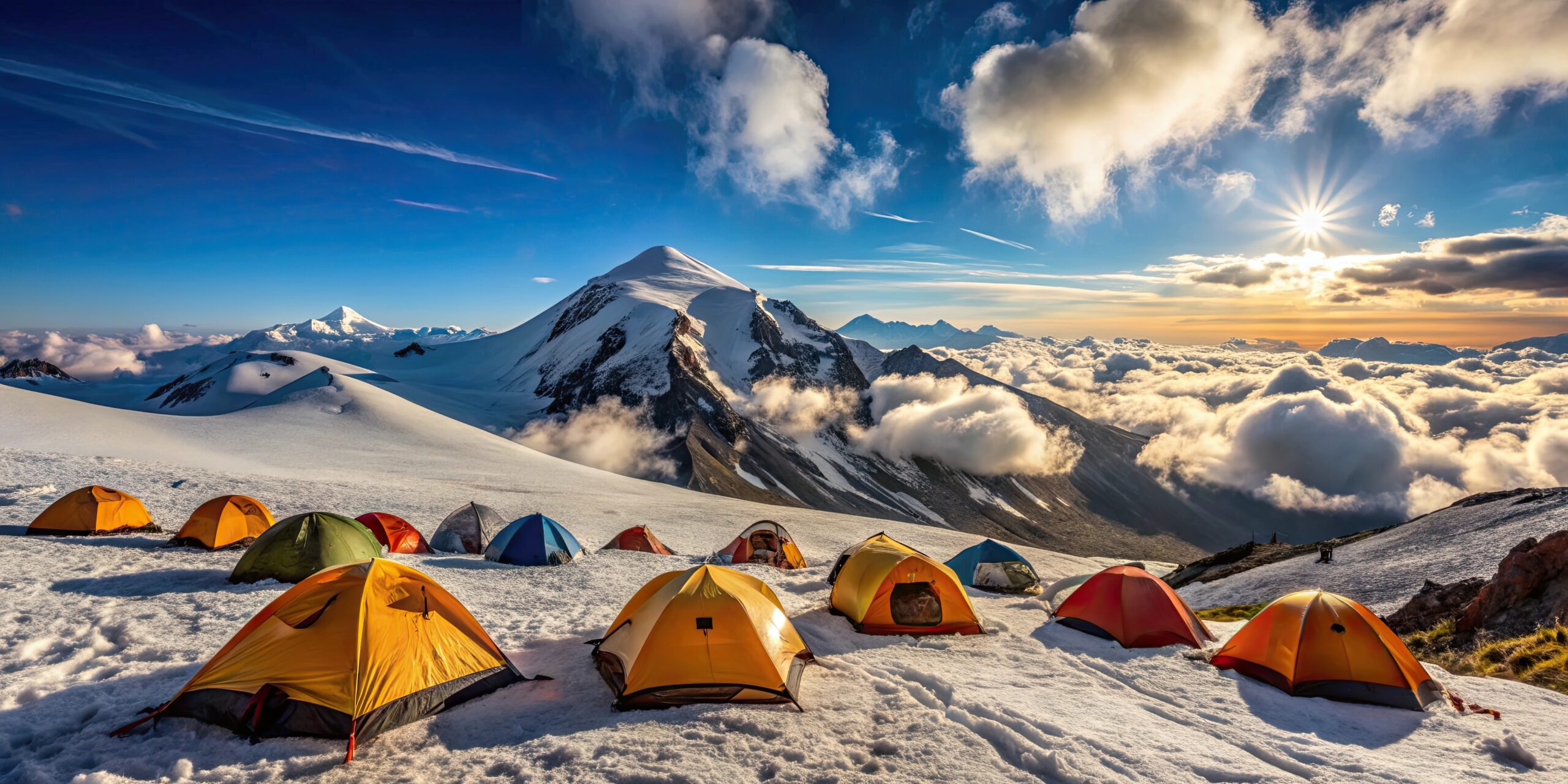 Expedition base camp tents beneath Mount Elbrus