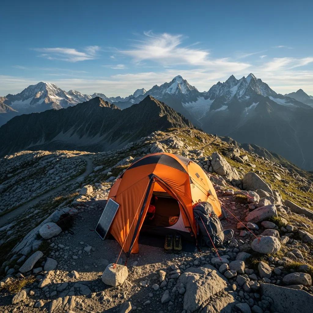 Base camp tent in a mountainous landscape with rugged terrain, ideal for expeditions, showcasing adventure gear and stunning alpine scenery.