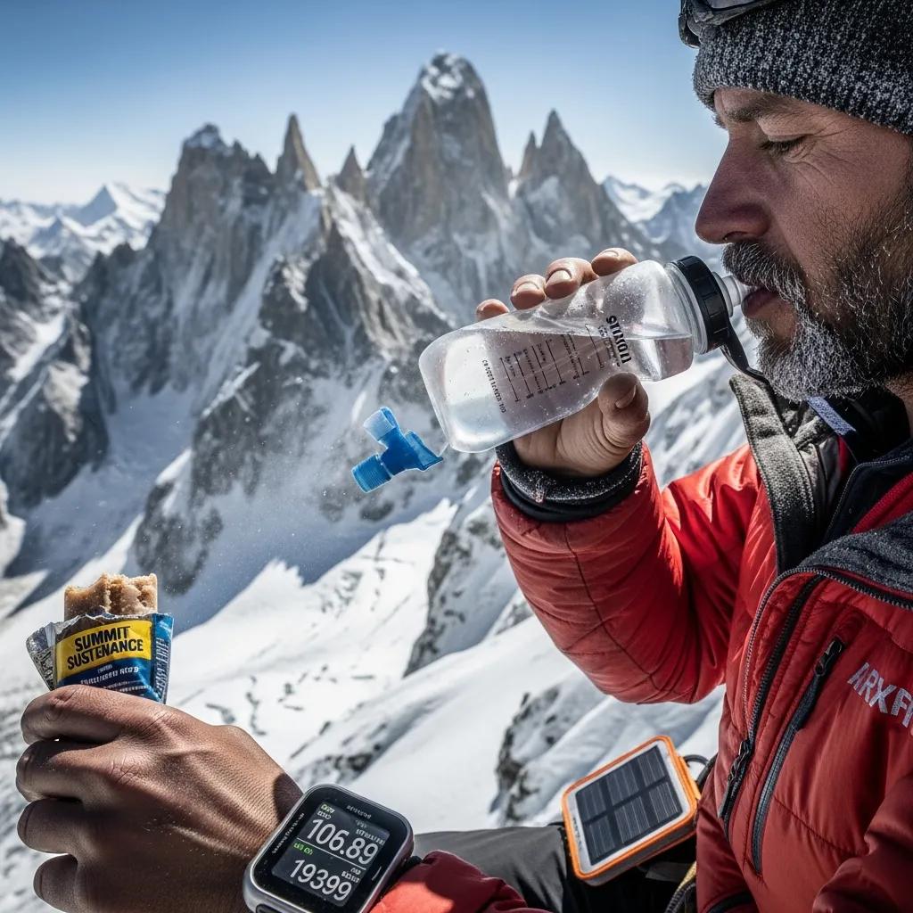 Climber hydrating and eating at high altitude to prevent altitude sickness