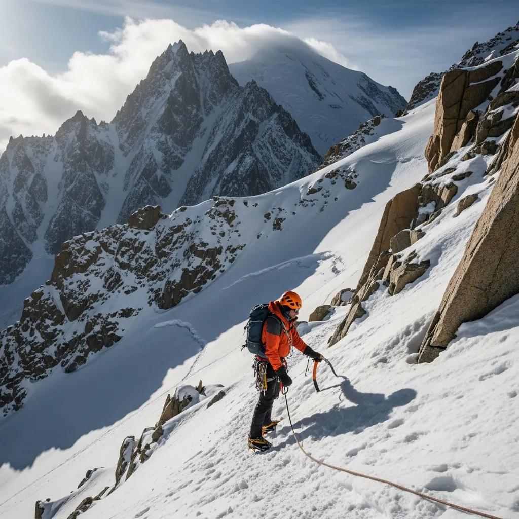 Climber ascending snowy slope on Mont Blanc's Gouter Route, showcasing the challenges of high-altitude climbing in the Alps.