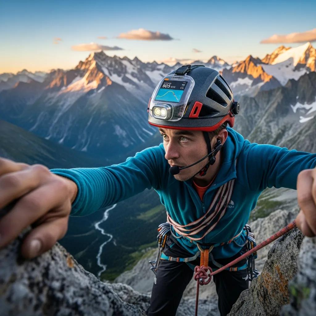 Climber using a smart helmet with communication devices in a challenging mountain landscape, illustrating emerging technologies in climbing
