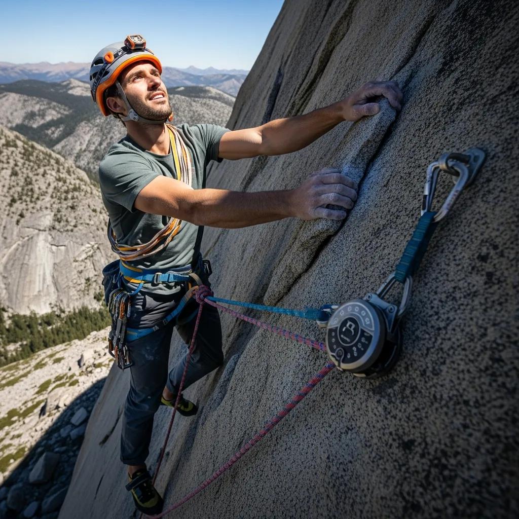 Climber using advanced safety gear while ascending a rocky cliff, highlighting climbing safety innovations