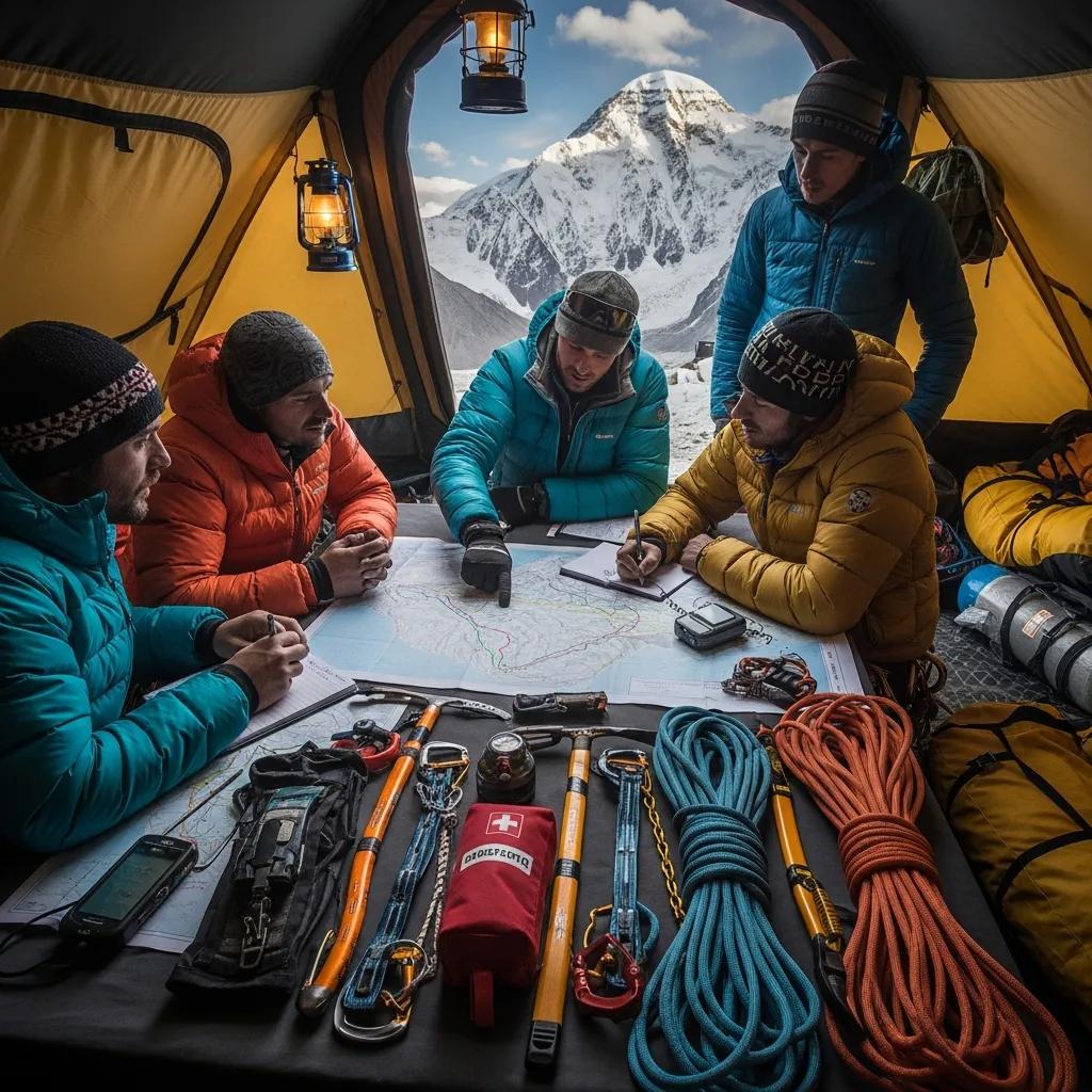 Climbers at base camp on Nanga Parbat discussing safety protocols and expedition plans, emphasizing preparation