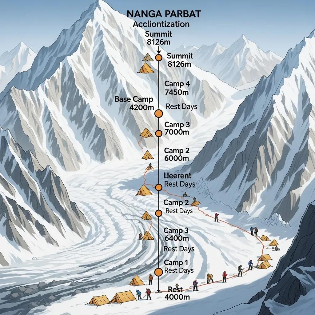 Climbers following an acclimatization schedule on Nanga Parbat, illustrating camp elevations and gradual ascent