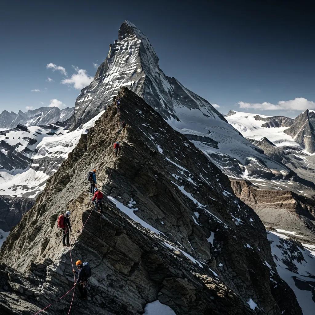 Climbers navigating the Hörnli Route on the Matterhorn, showcasing the technical challenges and dramatic alpine landscape.