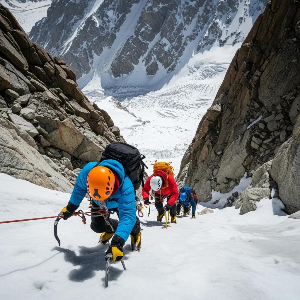 Climbers tackling technical terrain on Nanga Parbat, showcasing the challenges of steep rock faces and icy conditions