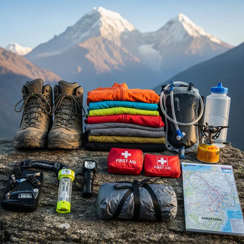 Essential trekking gear for Annapurna I, showcasing safety and preparation