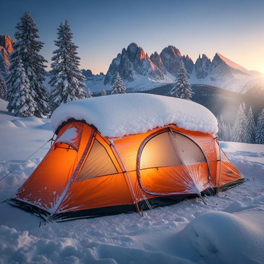 Four-season tent in snowy conditions, showcasing durability and weather resistance