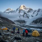 Gasherbrum I peak with climbers preparing for high altitude ascent
