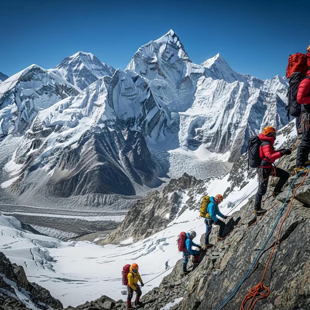 High-altitude climbers navigating a rugged mountain range, emphasizing acclimatization and adventure in a snow-covered landscape.