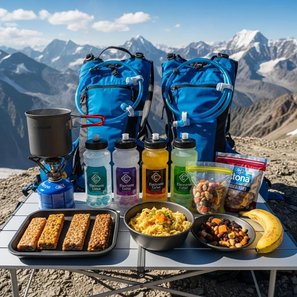 High-altitude nutrition and hydration setup for climbers, emphasizing energy and recovery